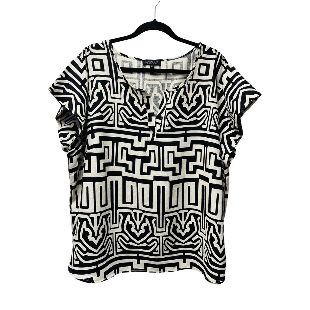Rachel Zoe Blouse 3X Black White Geometric Linen Blend Split Neck Tunic Top